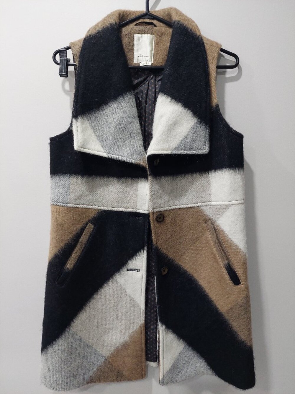 Elevenses Anthropologie Plaid Wool Blend Long Vest Coat Black Cream Tan Small